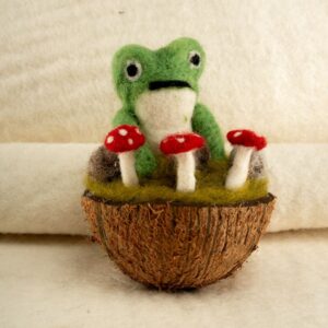 Handmade Felt Frog & Mushroom Garden in Coconut Shell