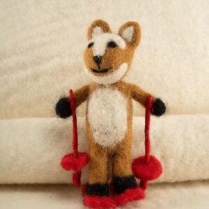 Handmade Felt Fox with Ski Poles — Natural Wool