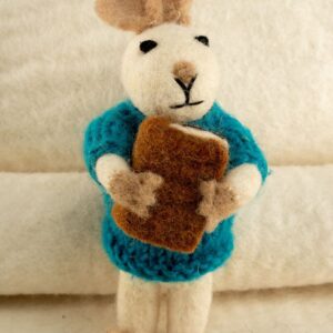 Handmade Felt Rabbit in Knit Sweater with Book — Natural Wool